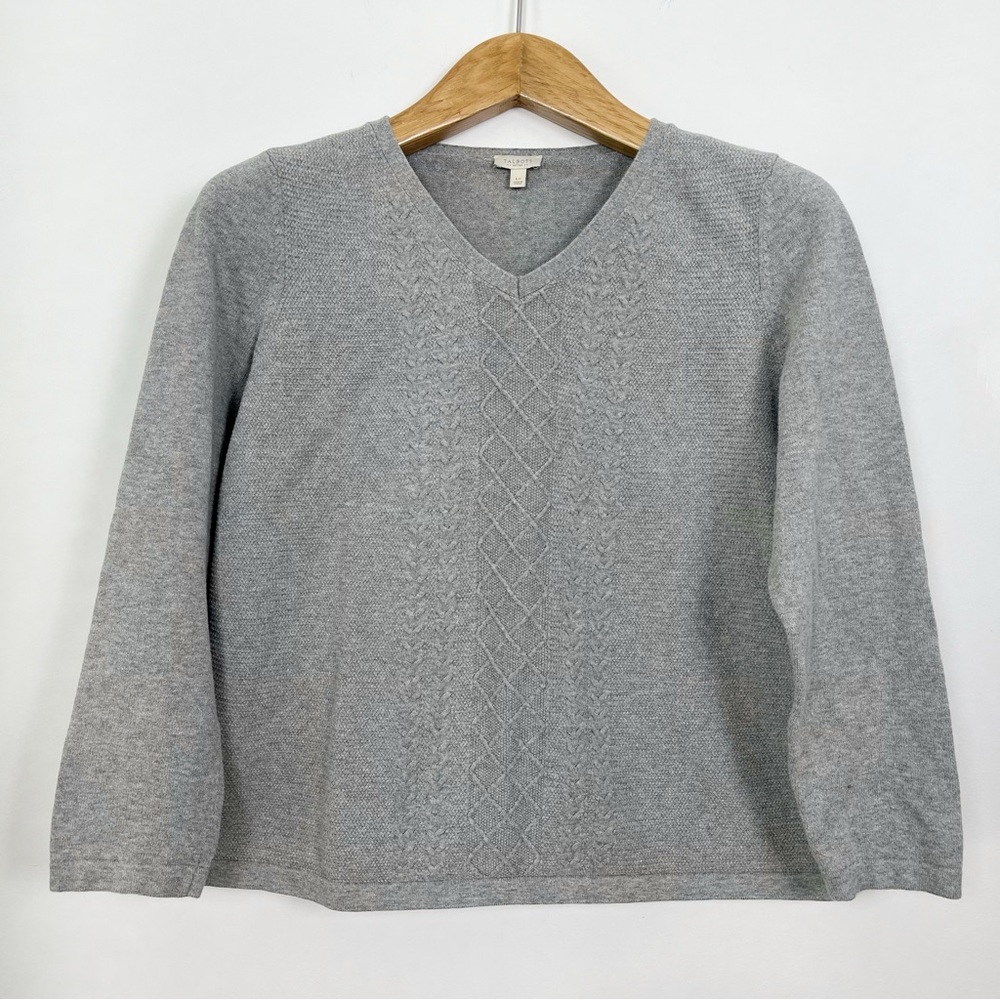 Talbots Light Grey Cotton Cable Knit V-Neck Sweater Size‎ Large Petites